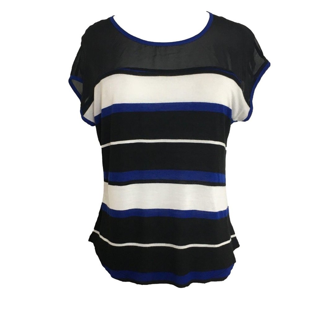 E Hanger M Womens Shirt Black Blue Stripe Size Small Sheer Shoulder